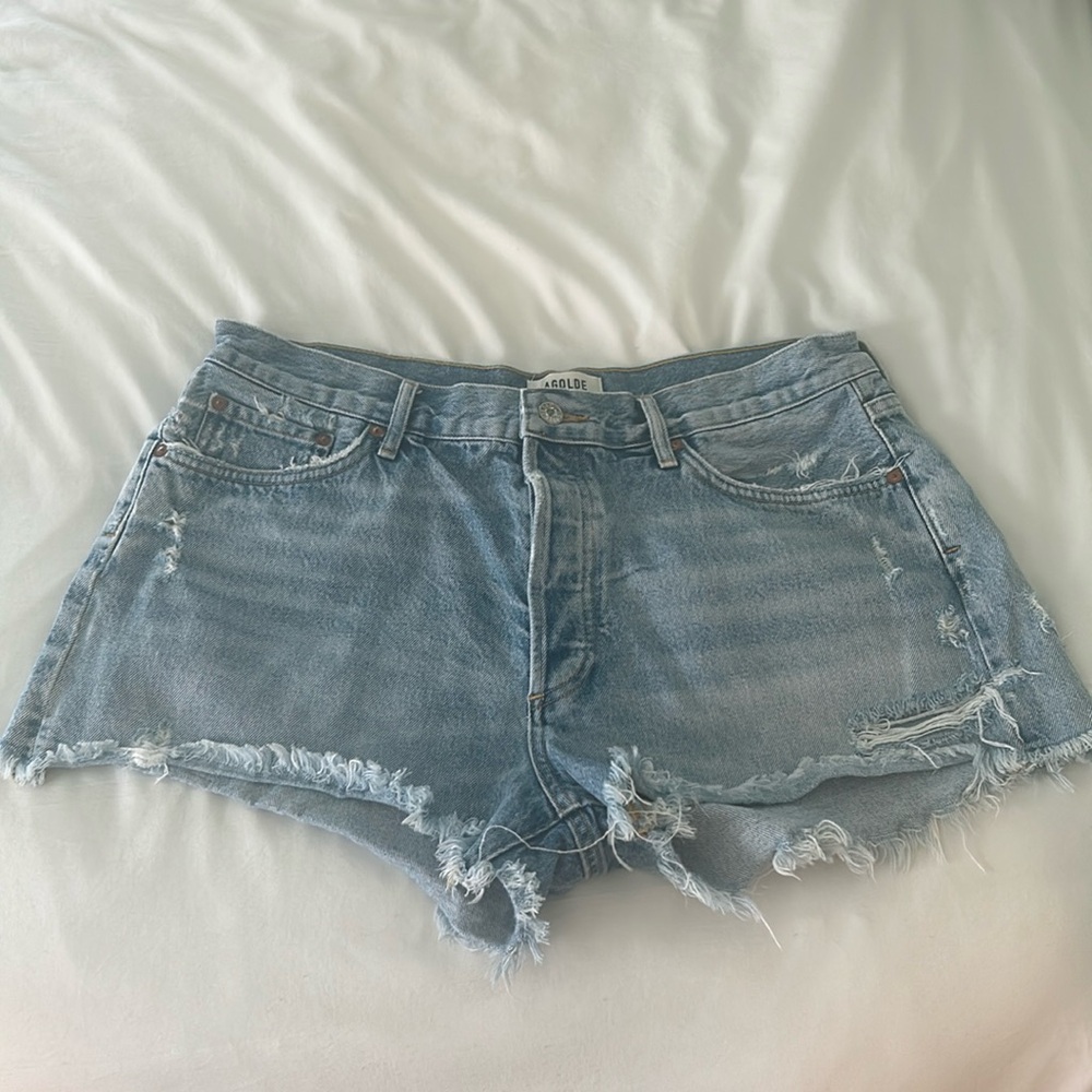 Agolde Light Blue Distressed Jean Shorts